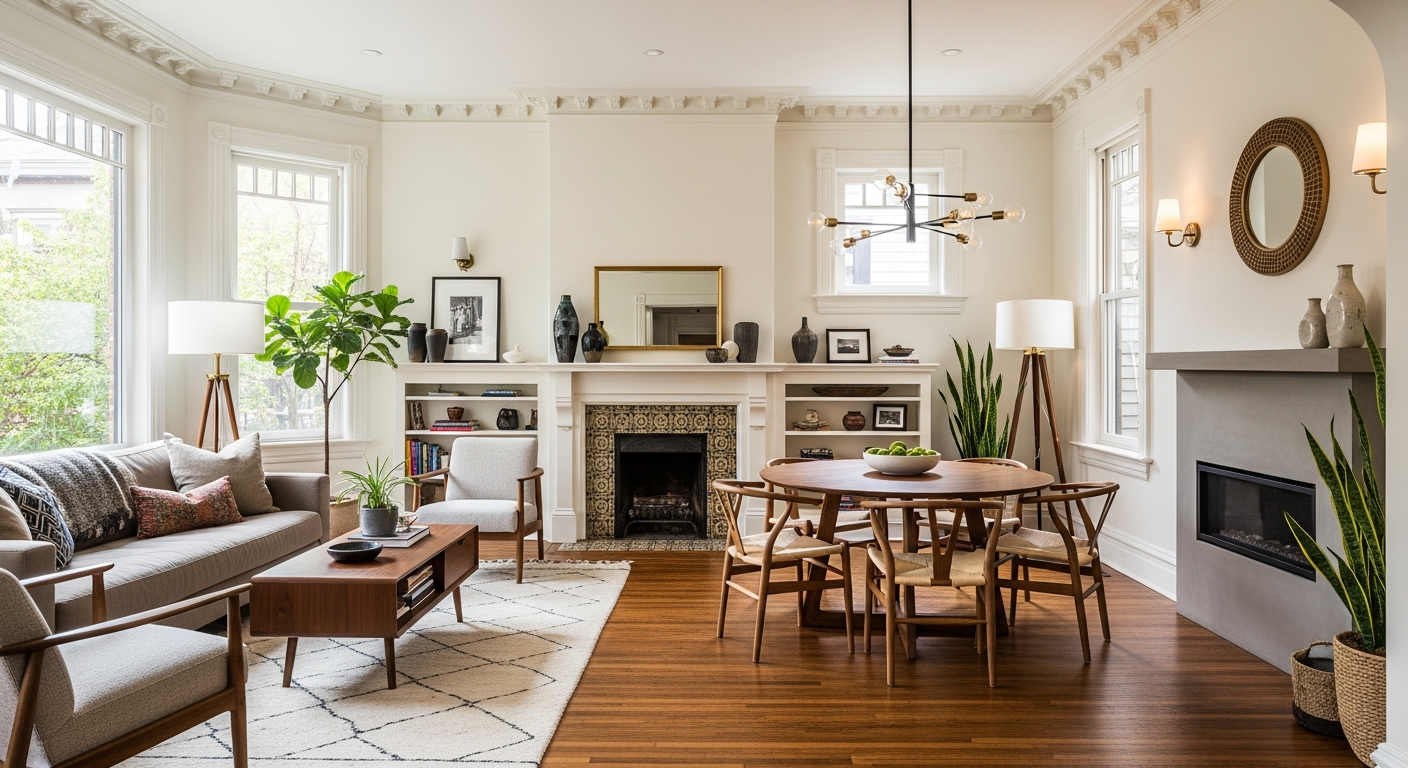 Stylish restored Denver Victorian bungalow interior with warm modern luxury furnishings